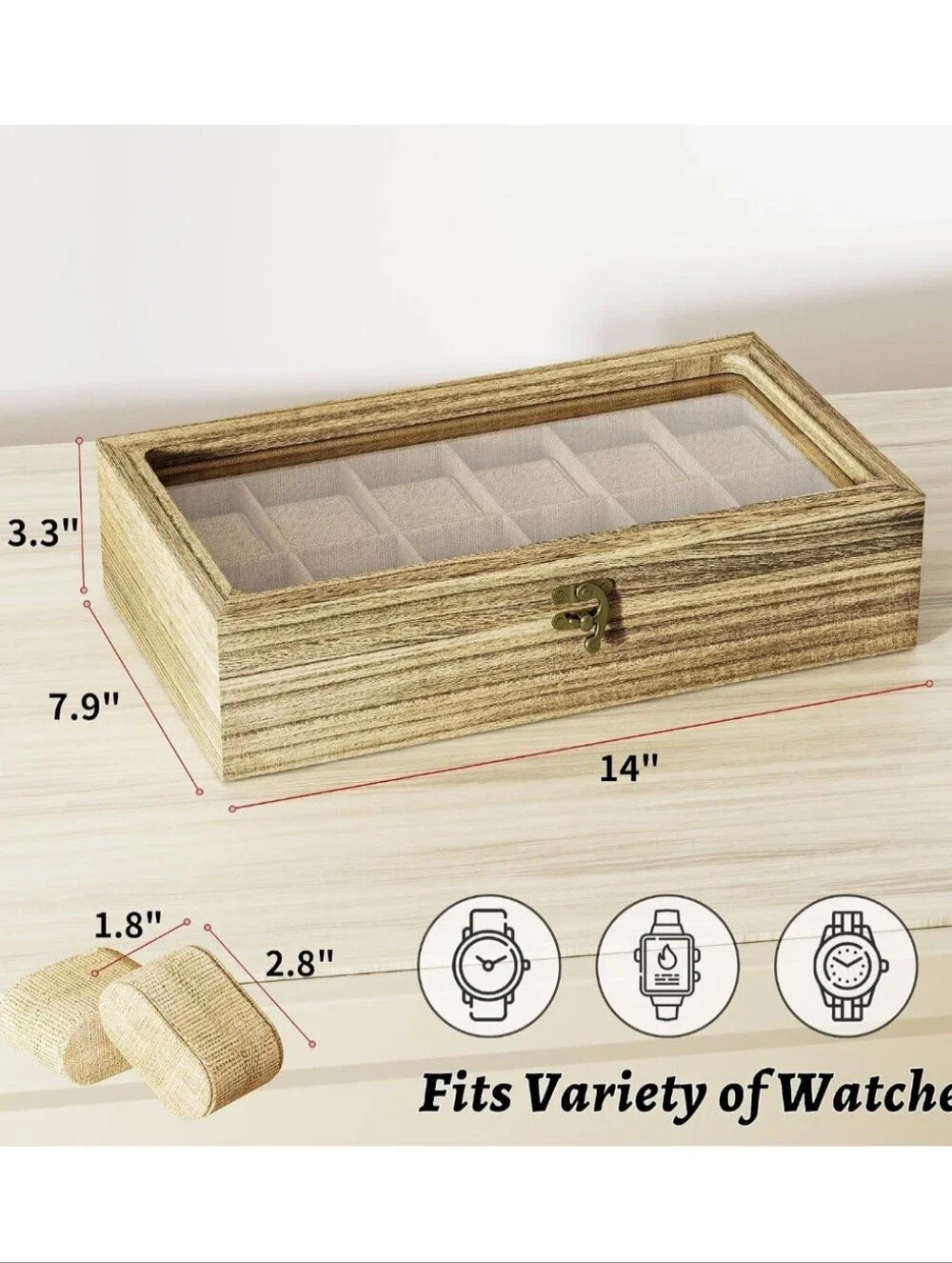 Wooden Glass-Top Watch Storage Box - 12 Slot - Natural Brown